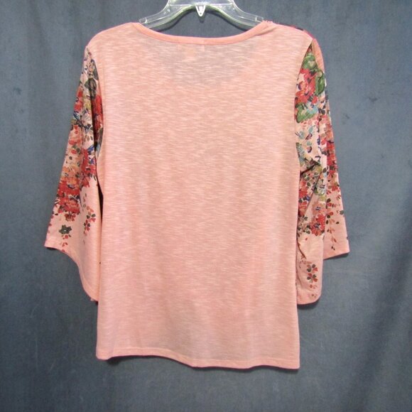 One World Live And Let Live Peach Floral Top Women Size M Twist Front 3/4 Sleeve - Picture 4 of 8